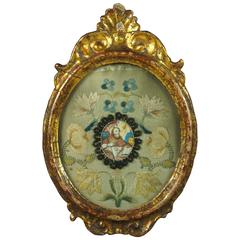 18th Century French Miniature Gouache Needlework Picture Icon Saint, circa 1780 12