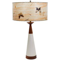 Mid-Century Ceramic and Walnut Conical Lamp with Original Shade