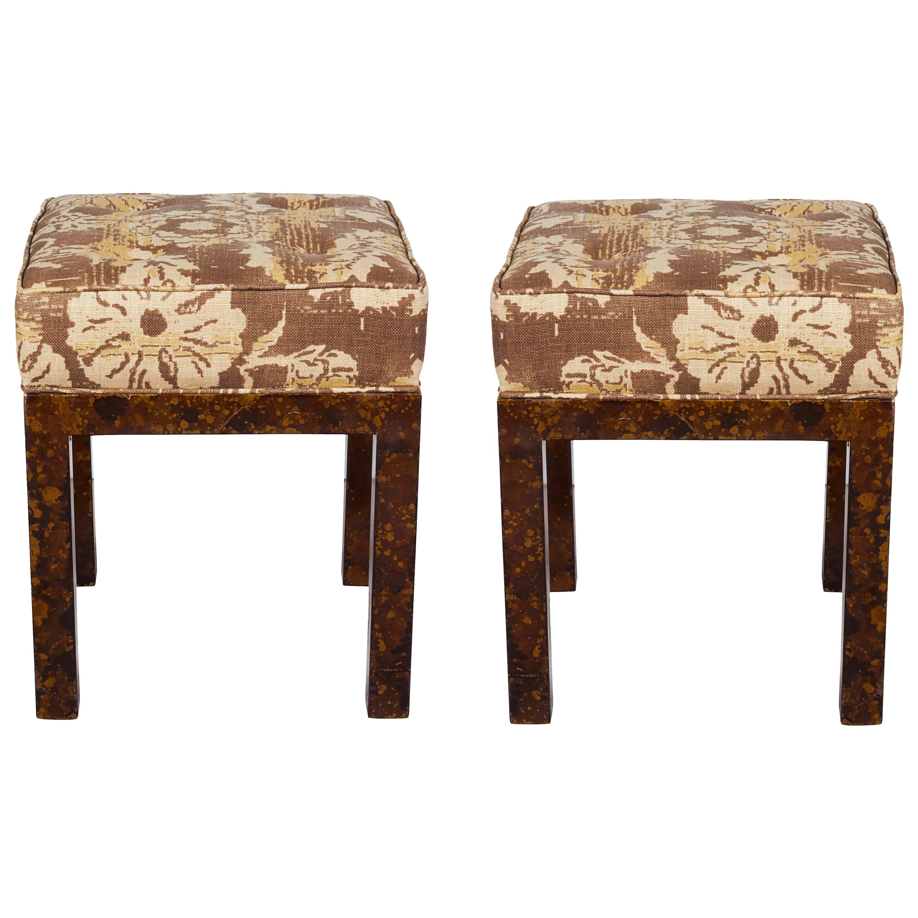 Pair of Parsons Style Faux Tortoise Shell Benches with Floral Linen Seats