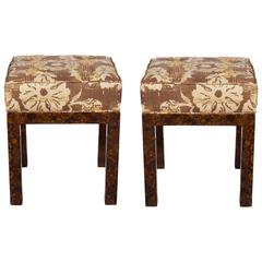 Pair of Parsons Style Faux Tortoise Shell Benches with Floral Linen Seats 1