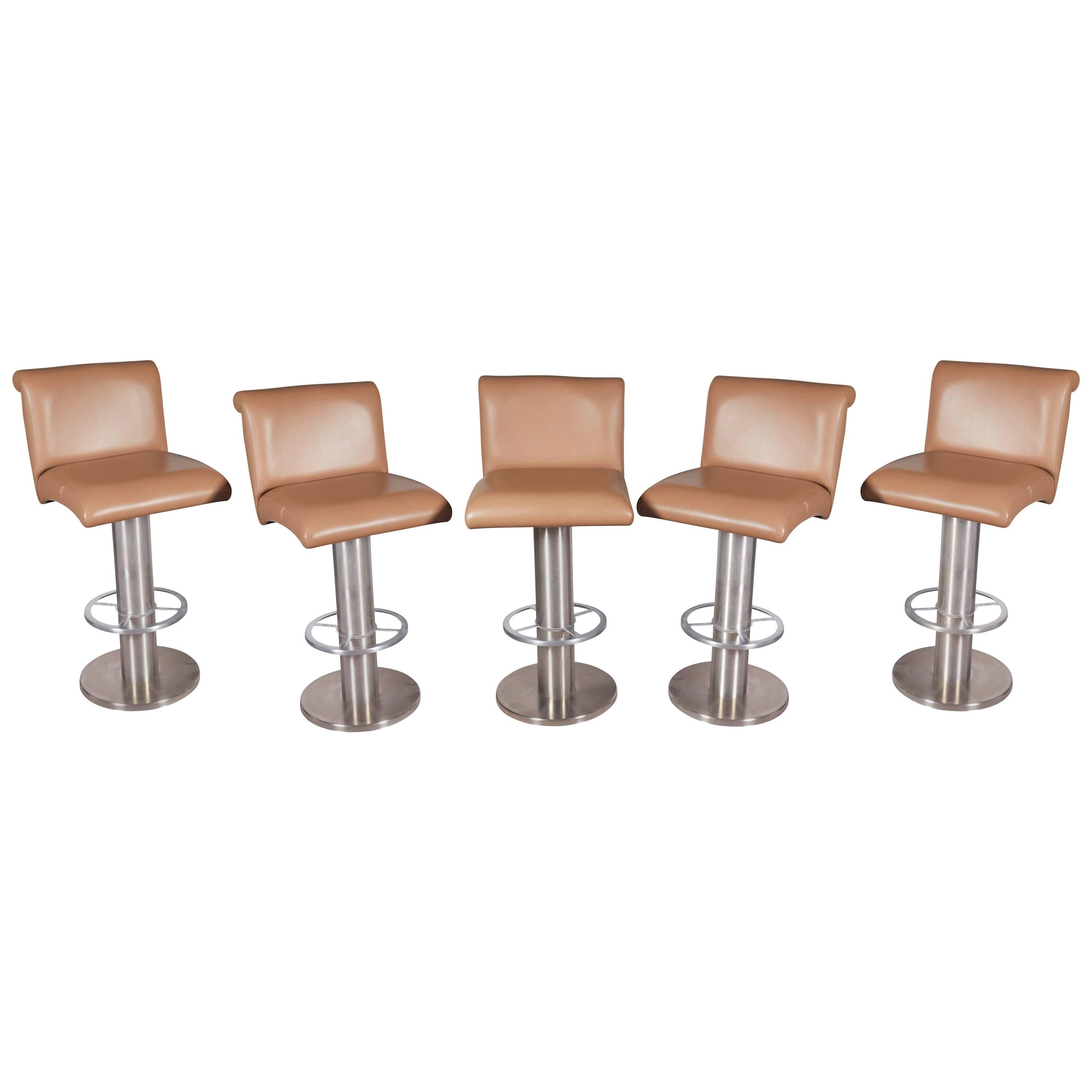 Set of Five Design For Leisure Barstools in Beige Leather on Stainless Steel