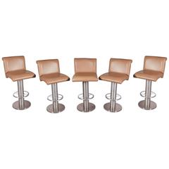 Set of Five Design For Leisure Barstools in Beige Leather on Stainless Steel