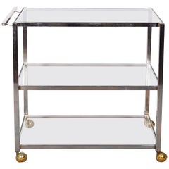 Mid-Century Three-Tier Chrome Bar Cart on Brass Casters