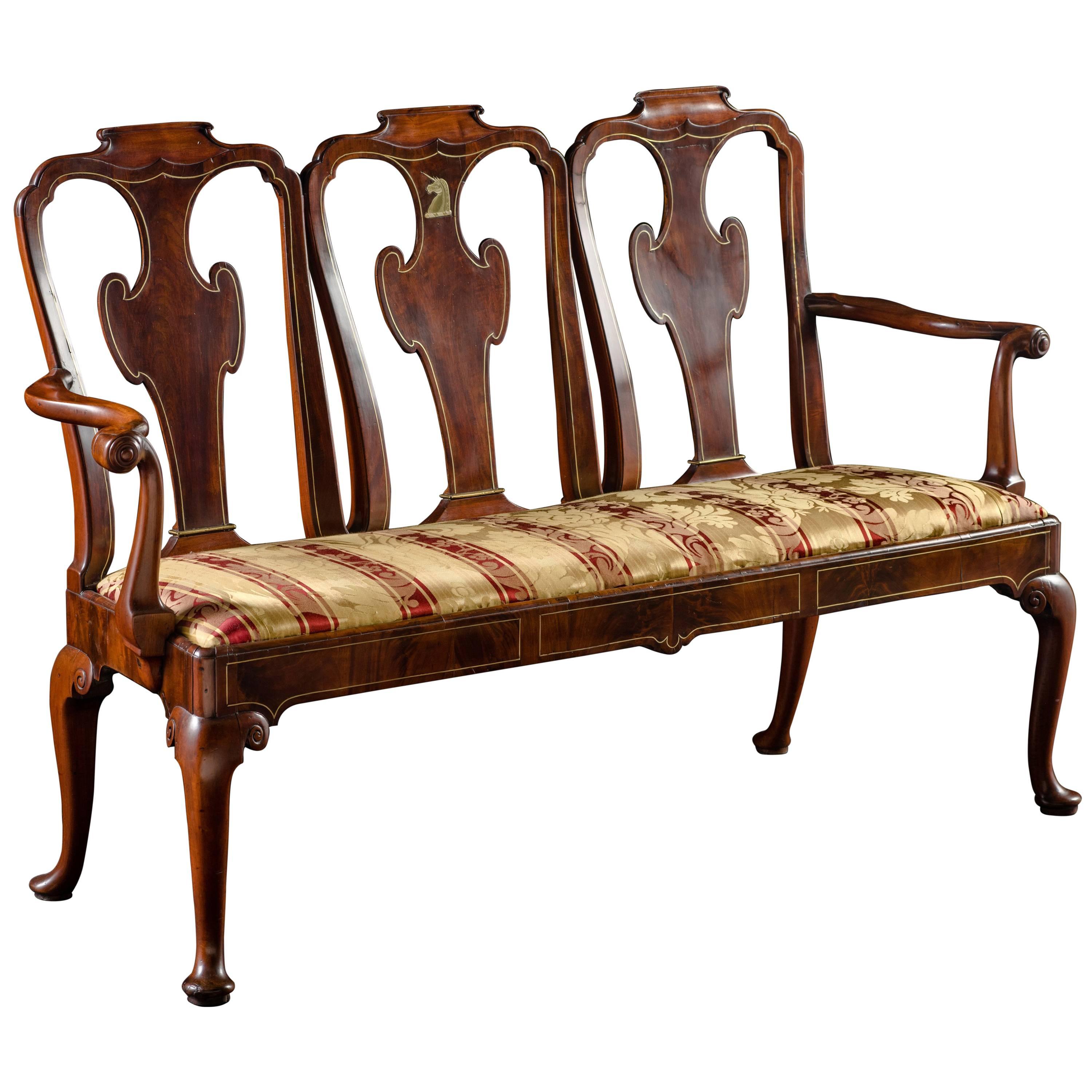 George II Mahogany and Brass Inlaid Triple Chair Back Settee For Sale