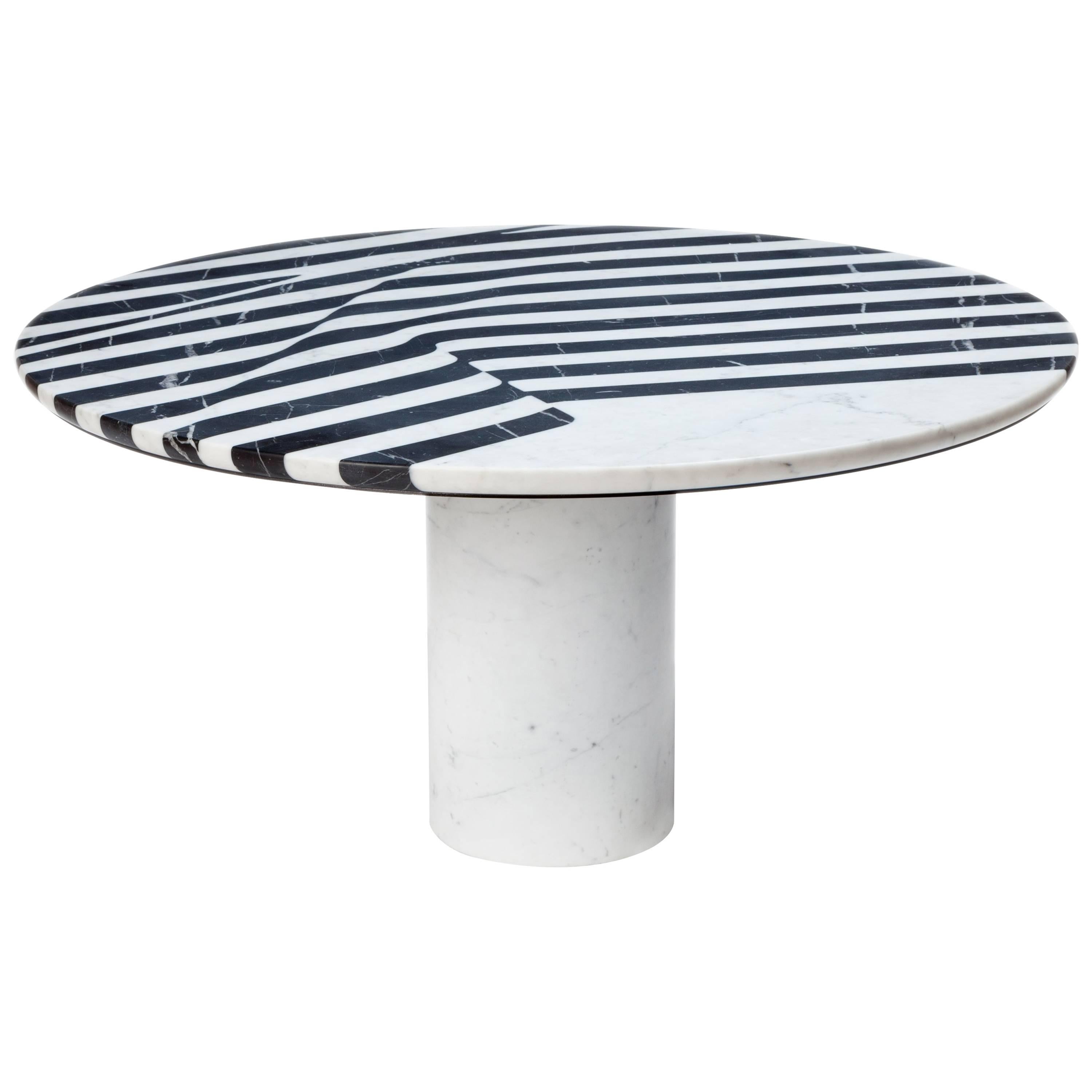 Veiled Round Coffee Table, Contemporary Inlaid Black and White Marble For Sale