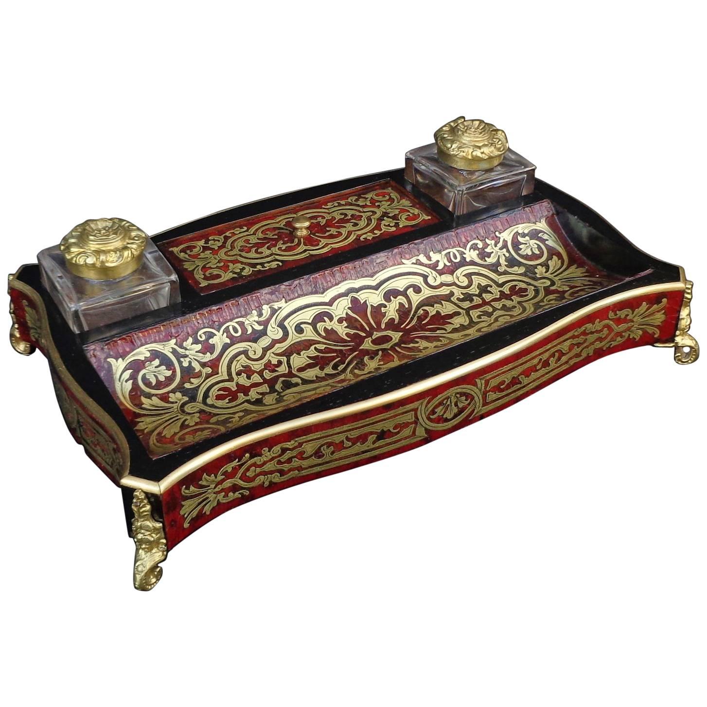 French Inkwell in Boulle Marquetry with Crystal Inkwell, 19th Century