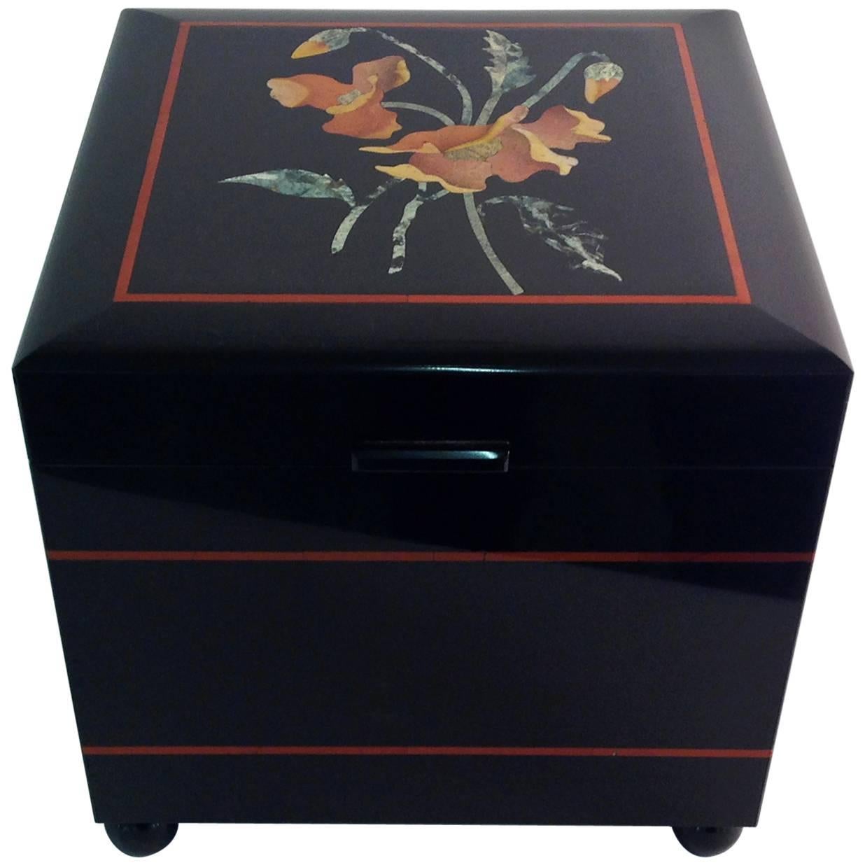 Beautiful Belgian Black Marble Floral Hinged Box, Florentine Handicraft, Italy For Sale