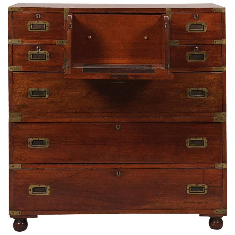 19th Century Mahogany Military Chest With Miniature Fall Front Secretaire For Sale