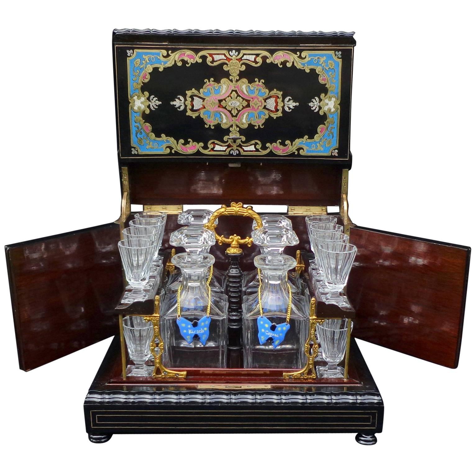Tantalus Box in Boulle Multi-color Marquetry Napoleon III Period, 19th Century