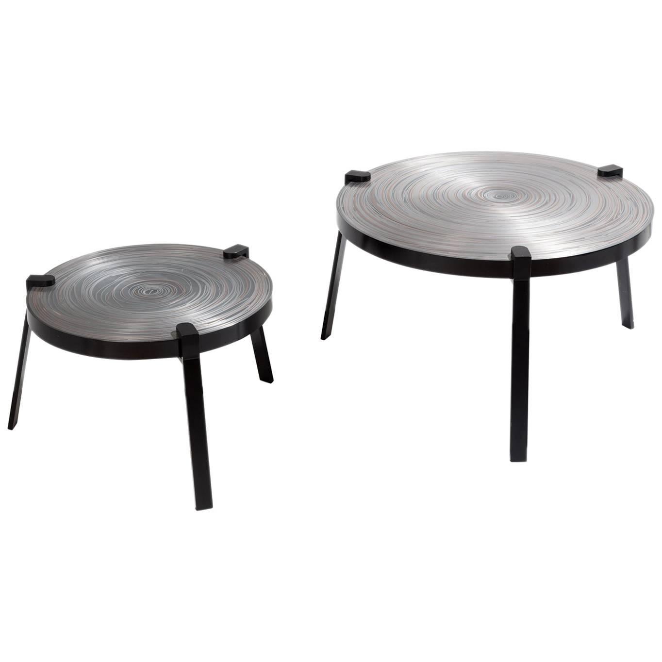 Remetaled Nesting Tables, Contemporary Set of Two Metal Tables For Sale