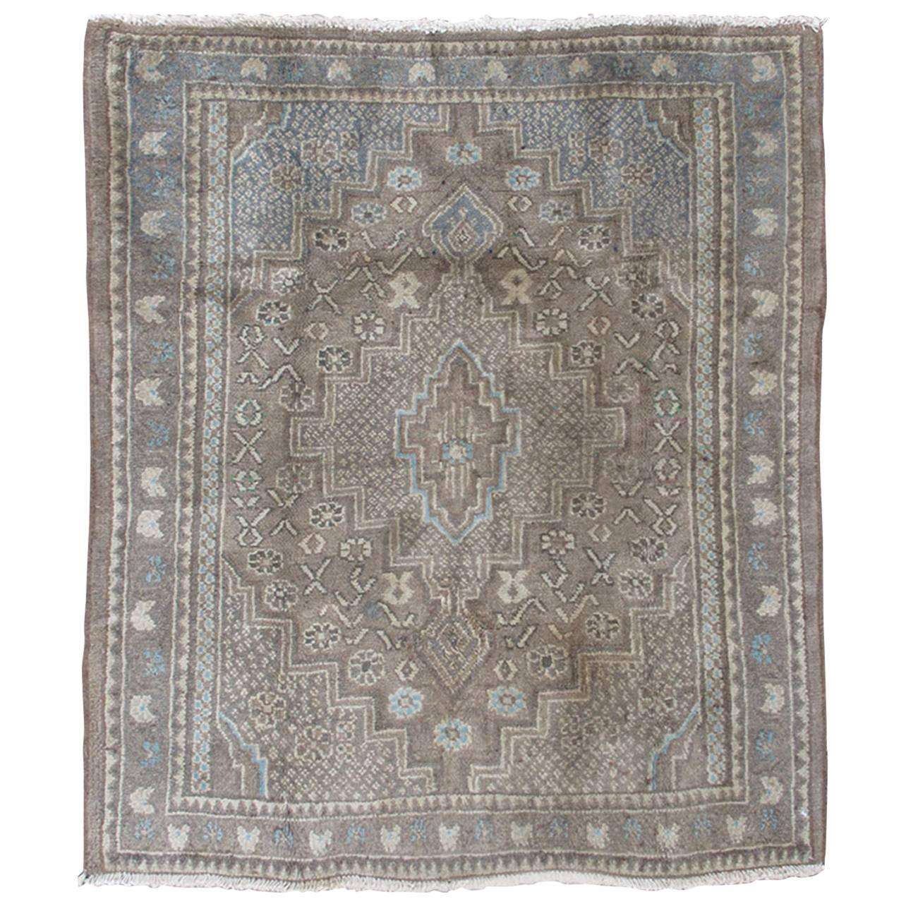 Small Vintage Bidjar Rug with Diamond Medallion in Gray, Blue and Brown