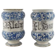 Antique Two Italian Mid-18th Century Albarelli or Maiolica Earthenware Jars