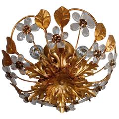 Gold Metal Floral Flush Mount Ceiling Light with Crystal Flowers, Italy, 1980s