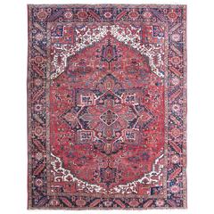 Vintage Persian Heriz with Stylized Geometric Medallion in Red and Denim Blue
