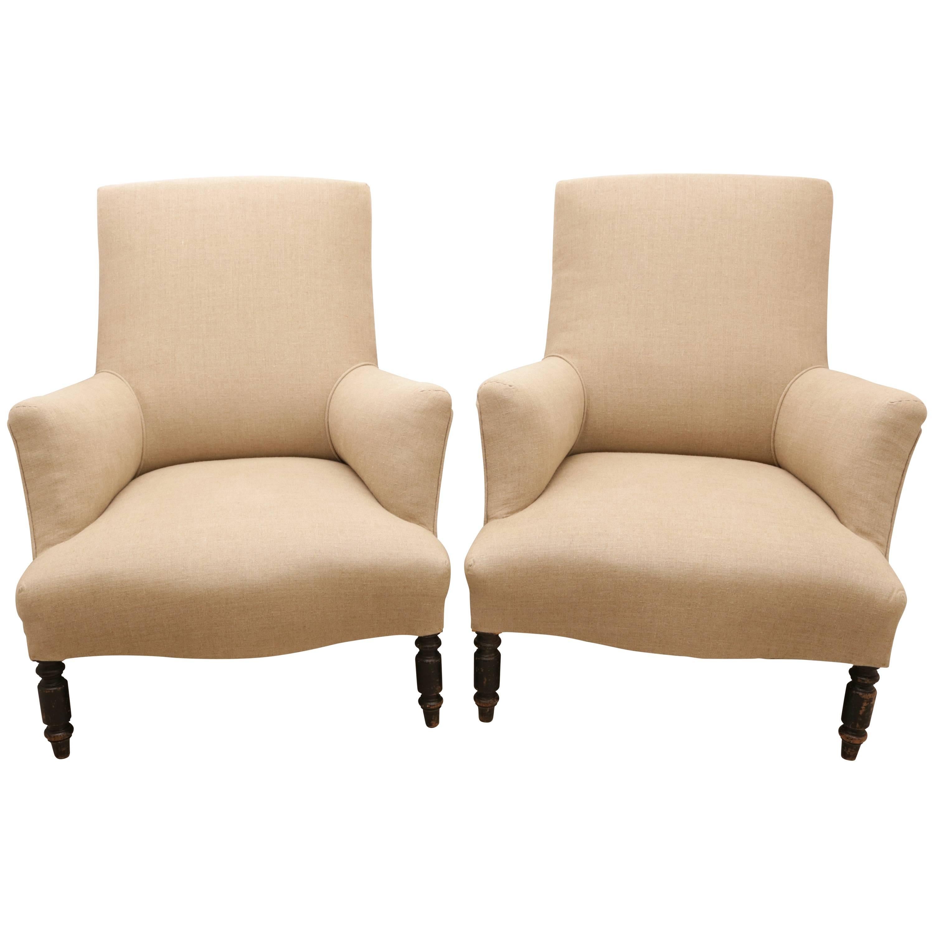 Pair of Napoleon III Upholstered Lounge Chairs in a Tan Linen Fabric
