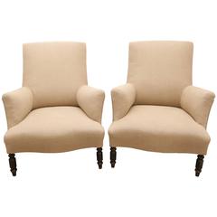 Antique Pair of Napoleon III Upholstered Lounge Chairs in a Tan Linen Fabric