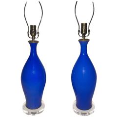 Pair of Blue Opaline Table Lamps