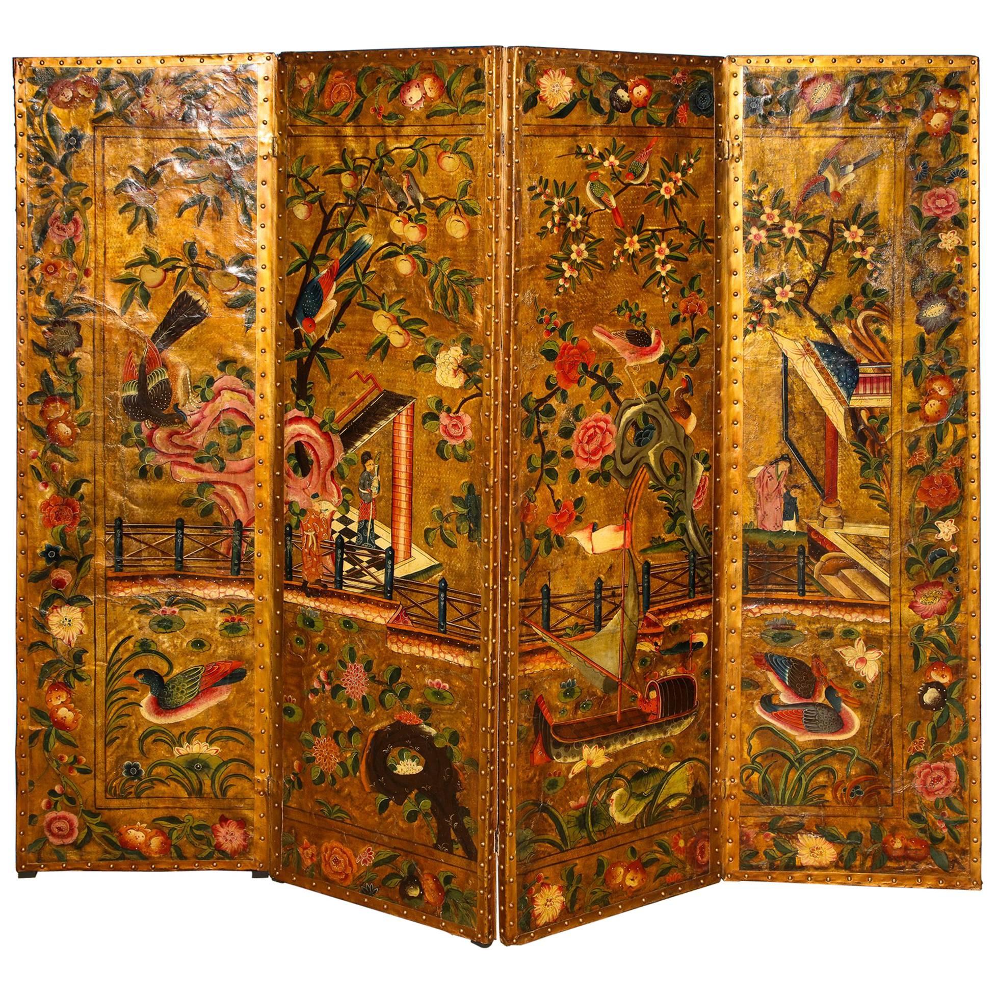 Four-Panel Chinoiserie Polychrome Painted Gilt Leather Screen English circa 1750 For Sale