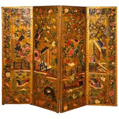 Four-Panel Chinoiserie Polychrome Painted Gilt Leather Screen English circa 1750