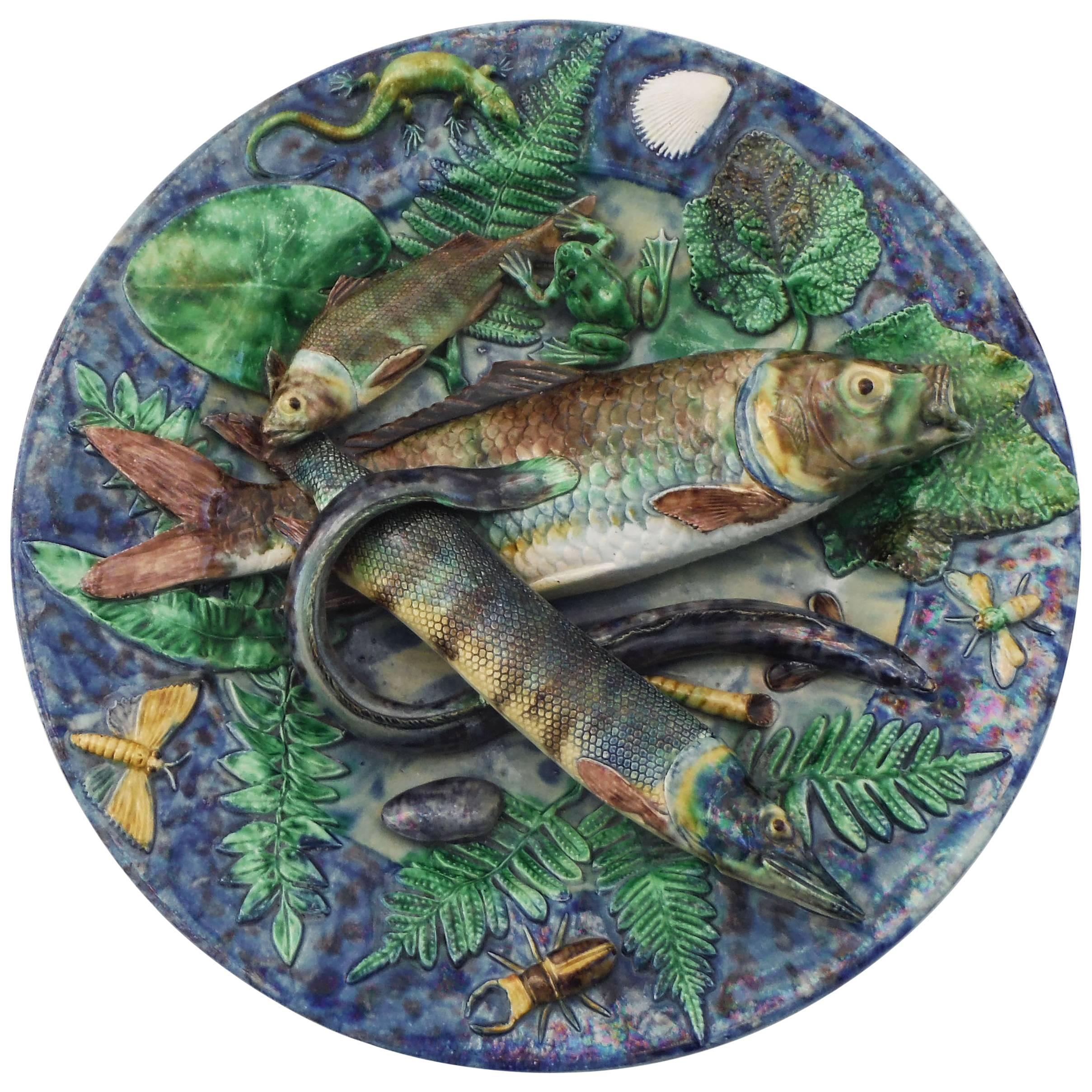 19th Century Majolica Palissy Fishs Wall Platter by Victor Barbizet