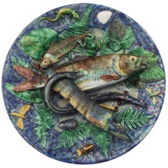 19th Century Majolica Palissy Fishs Wall Platter by Victor Barbizet