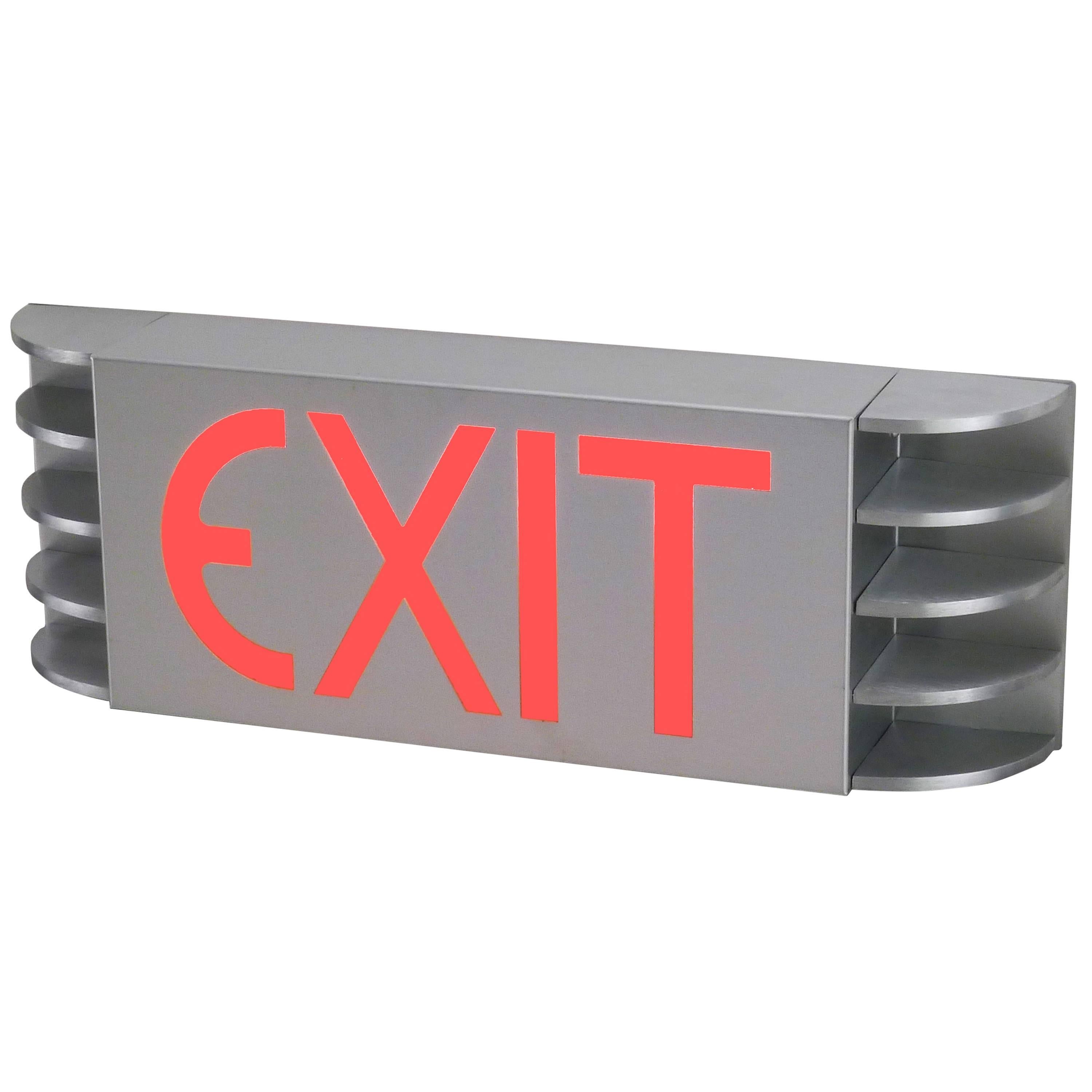 Art Deco Style Exit Sign Sconce in Satin Aluminium, Red Acrylic Backlit "Exit" For Sale