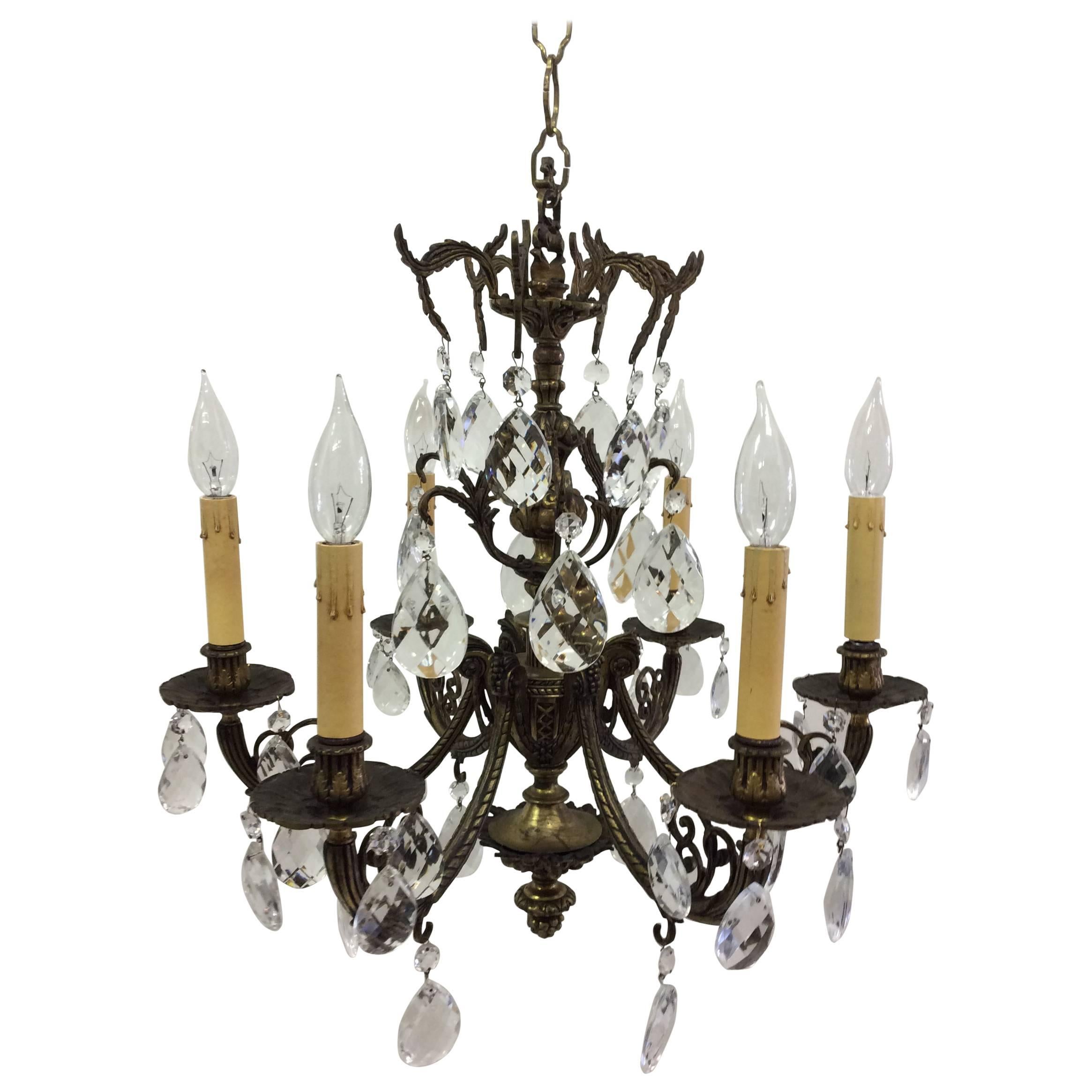 Early 1950s Spanish Brass and Crystal Chandelier For Sale