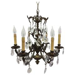 Vintage Early 1950s Spanish Brass and Crystal Chandelier