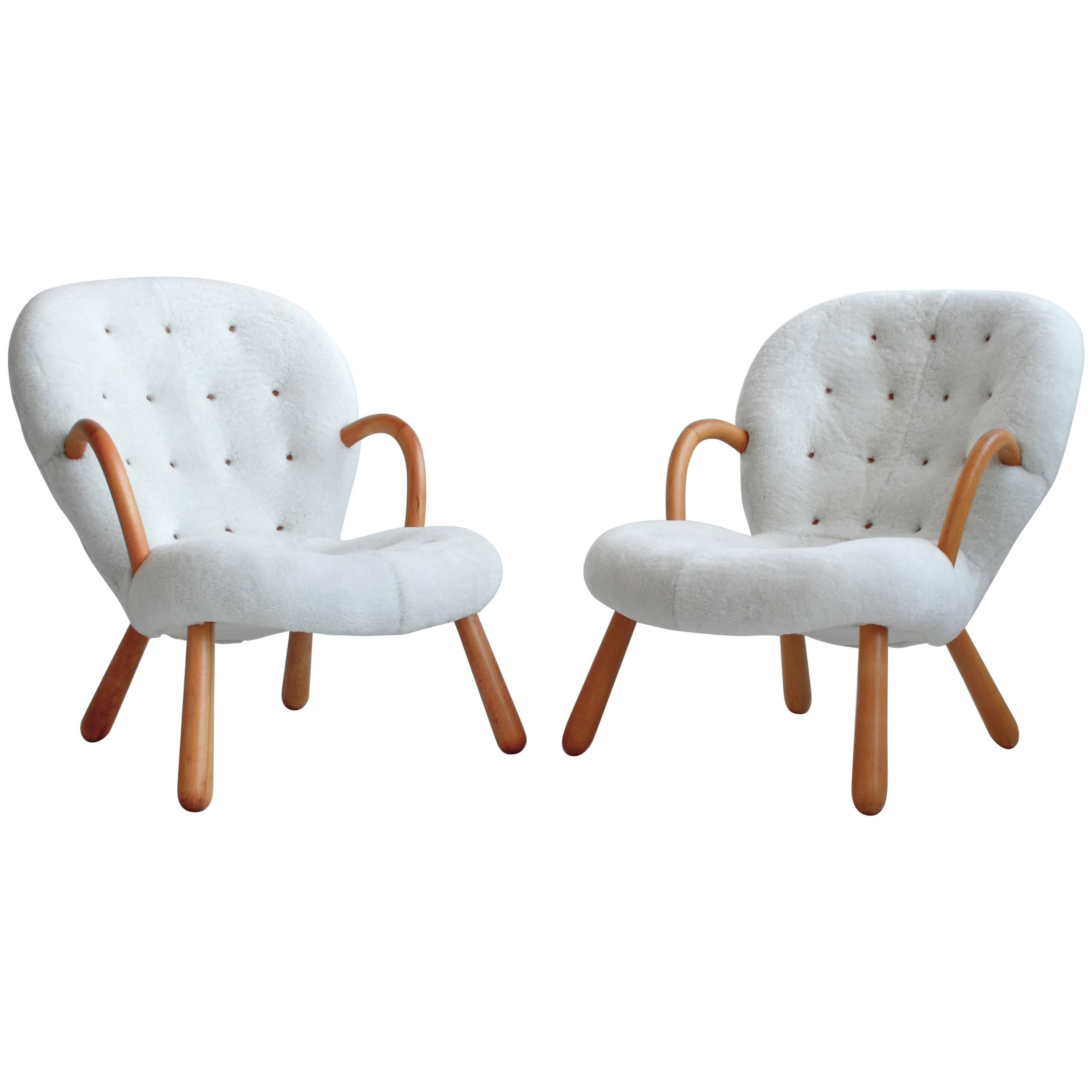 Vintage Pair of Clam Chairs by Philip Arctander in Shearling