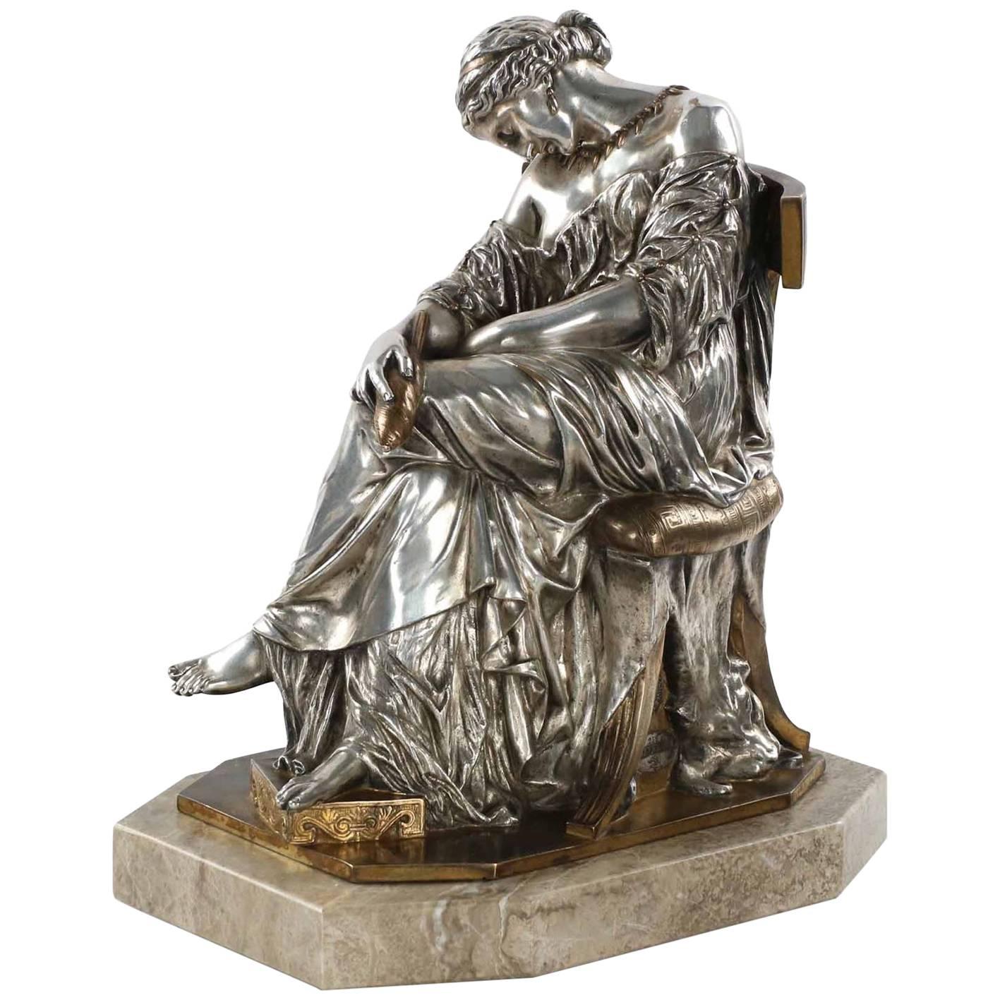19th Century Silvered French Bronze Sculpture "Penelope" by Pierre Cavelier