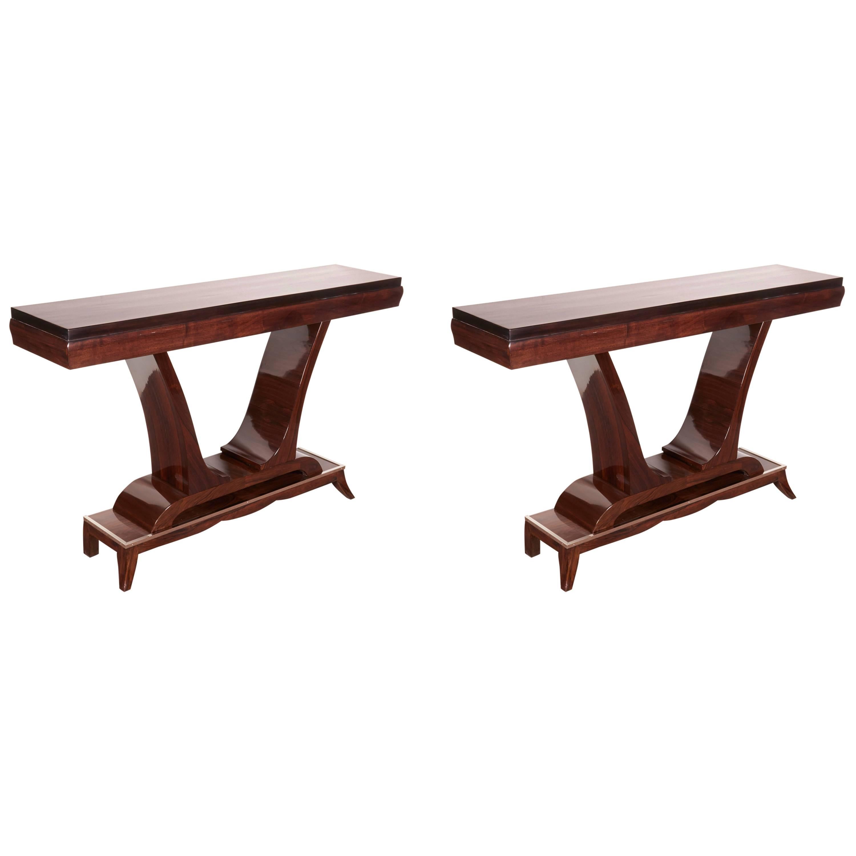 Pair of French Art Deco Elegant Rosewood Consoles with Nickeled Trim
