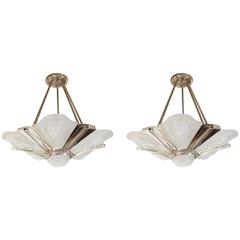 Pair of French Art Deco Frosted Art Glass & Nickeled Bronze Chandeliers Petitot