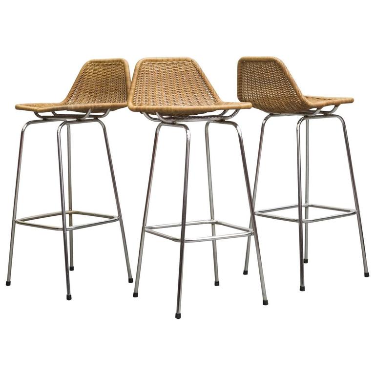 Set of Three Charlotte Perriand Style Rattan and Chrome Bar Stools at
