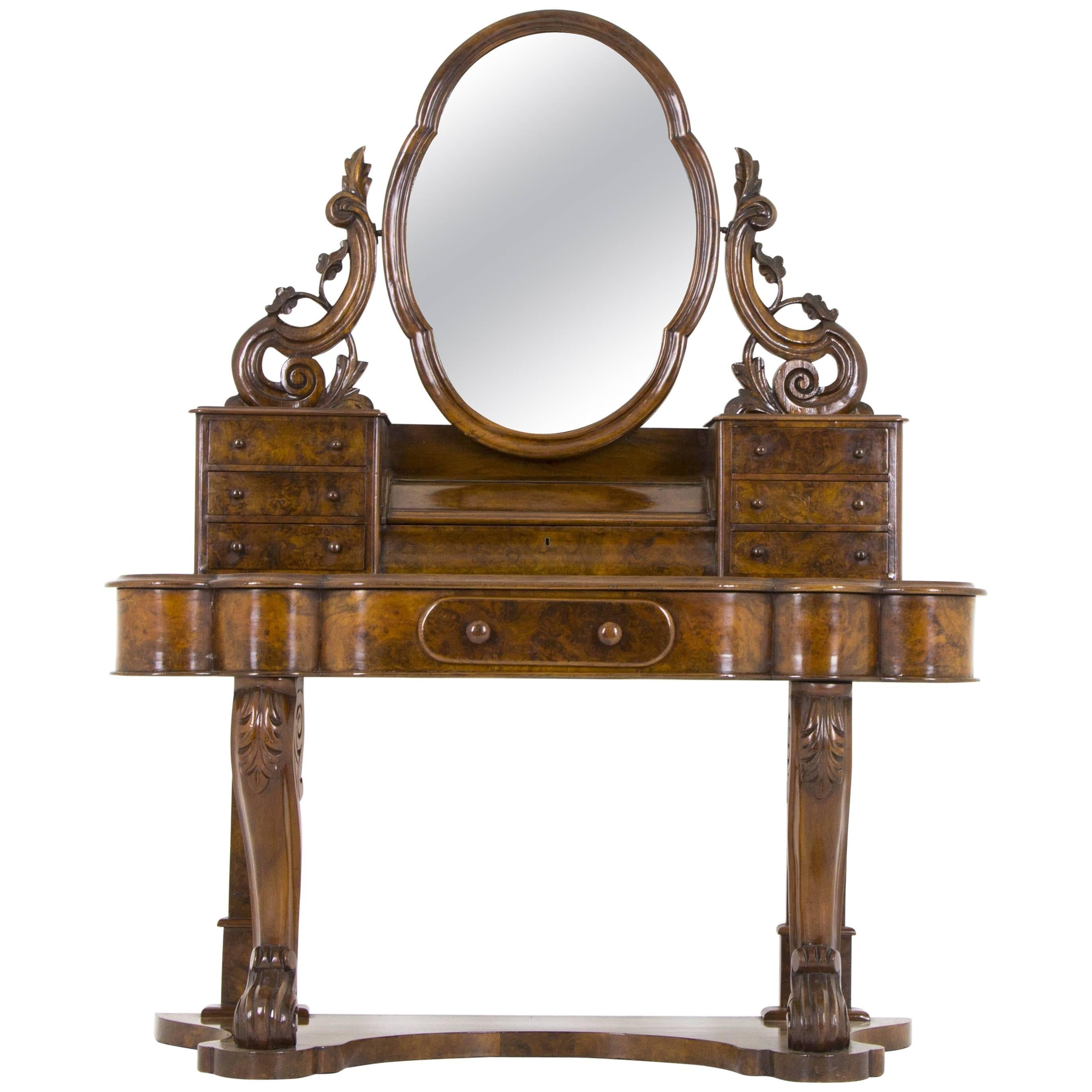  B628 Antique Scottish Victorian Burr Walnut Duchess Dressing Table, Vanity