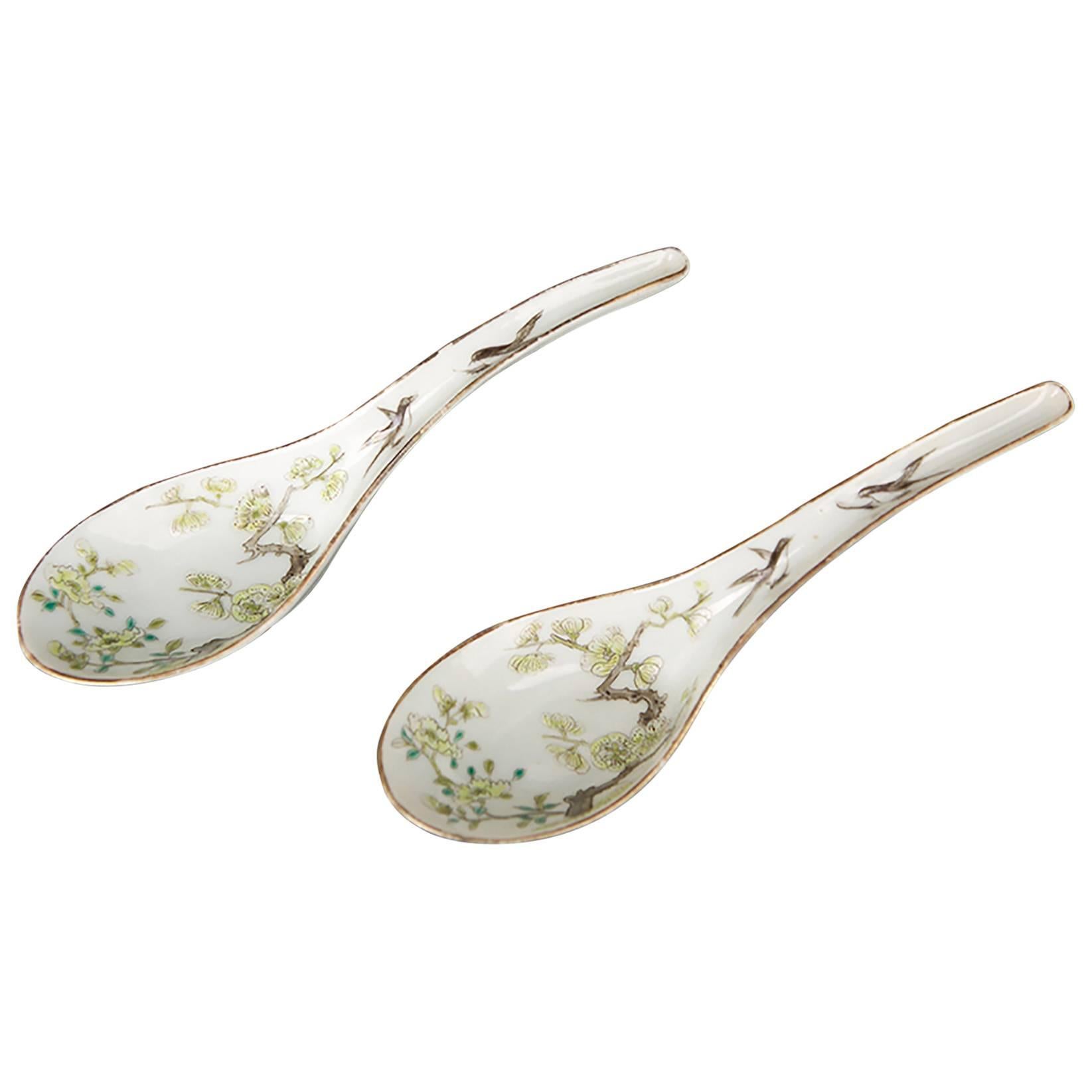 Pair of Chinese Porcelain Spoons with Blossoms and Birds, 19th Century For Sale