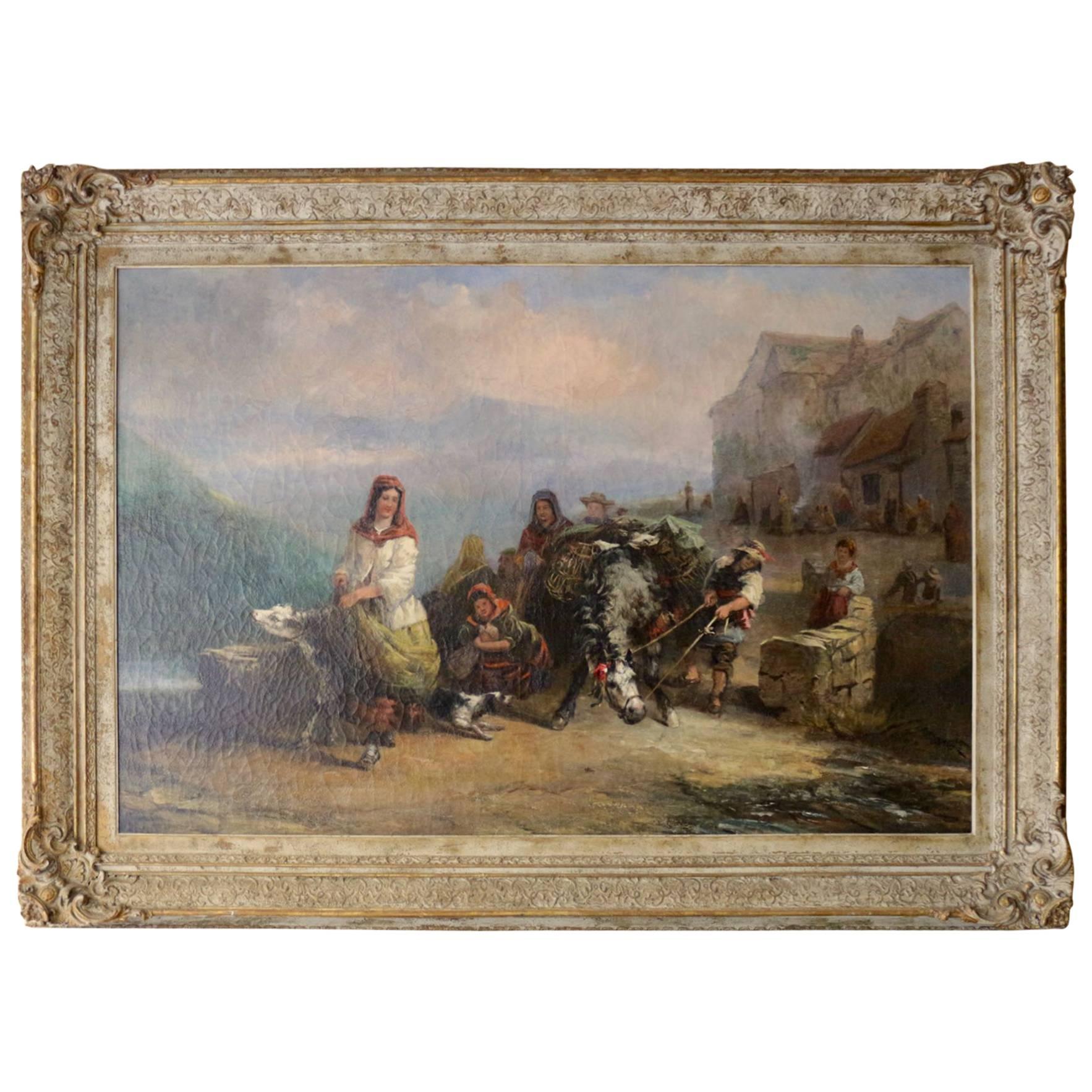 Very Large 19th Century Oil on Canvas "Farmer Family Leaving Their Village" For Sale