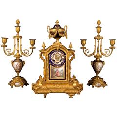 Sevres Louis XVI Style Porcelain and Gilt Bronze Clock Garniture, France, 1880 7