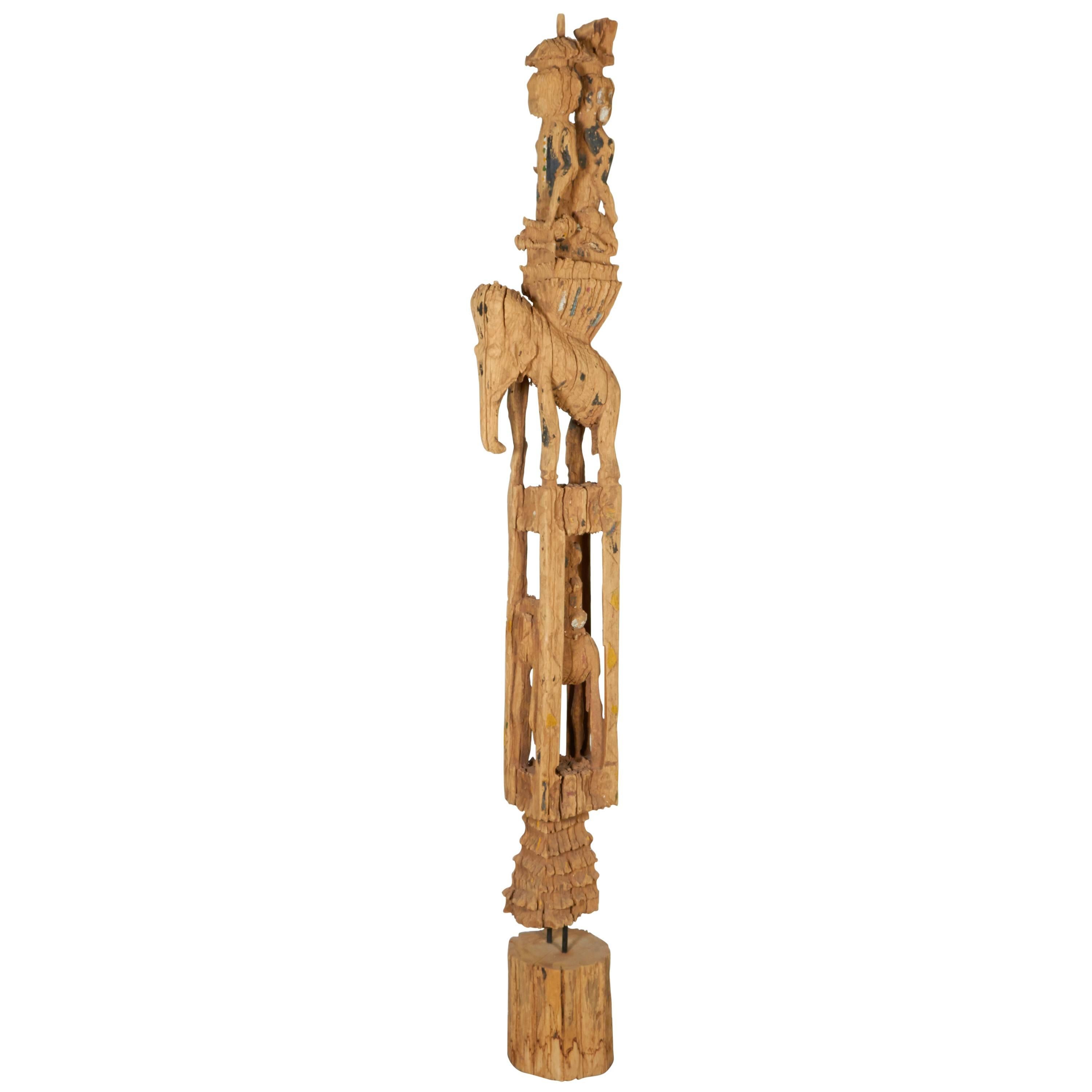 Tall, Eroded Teak Temple Carving For Sale