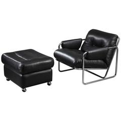 1970s Lounge Chair and Ottoman in Black Leather and Metal