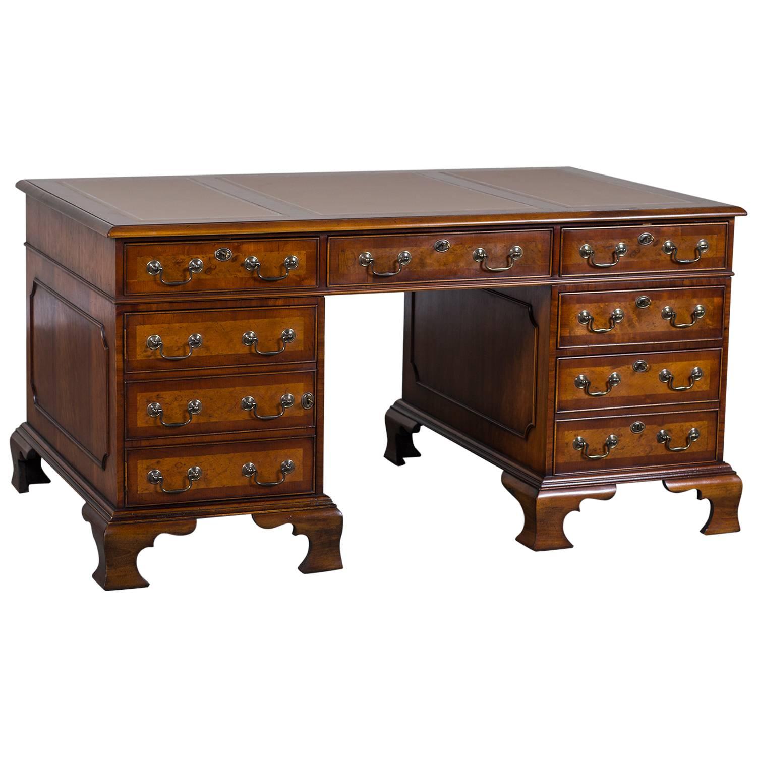 George III Style Burl Walnut Partners Desk Handmade in England For Sale