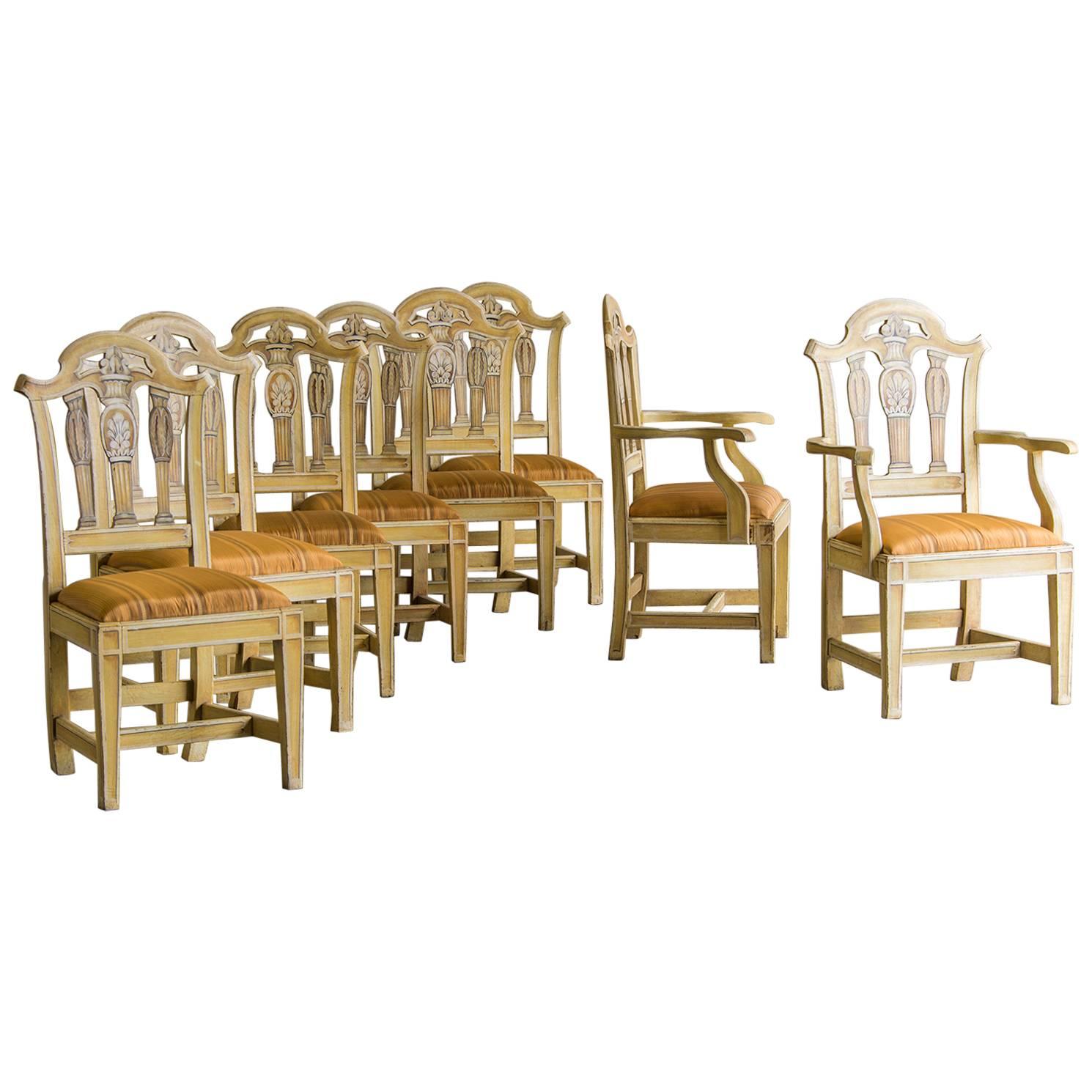 Set of Eight English Chippendale Style Chairs, Original Painted Decoration, 1890
