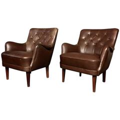 Pair of 1950s Danish Buttoned Leather Lounge Chairs