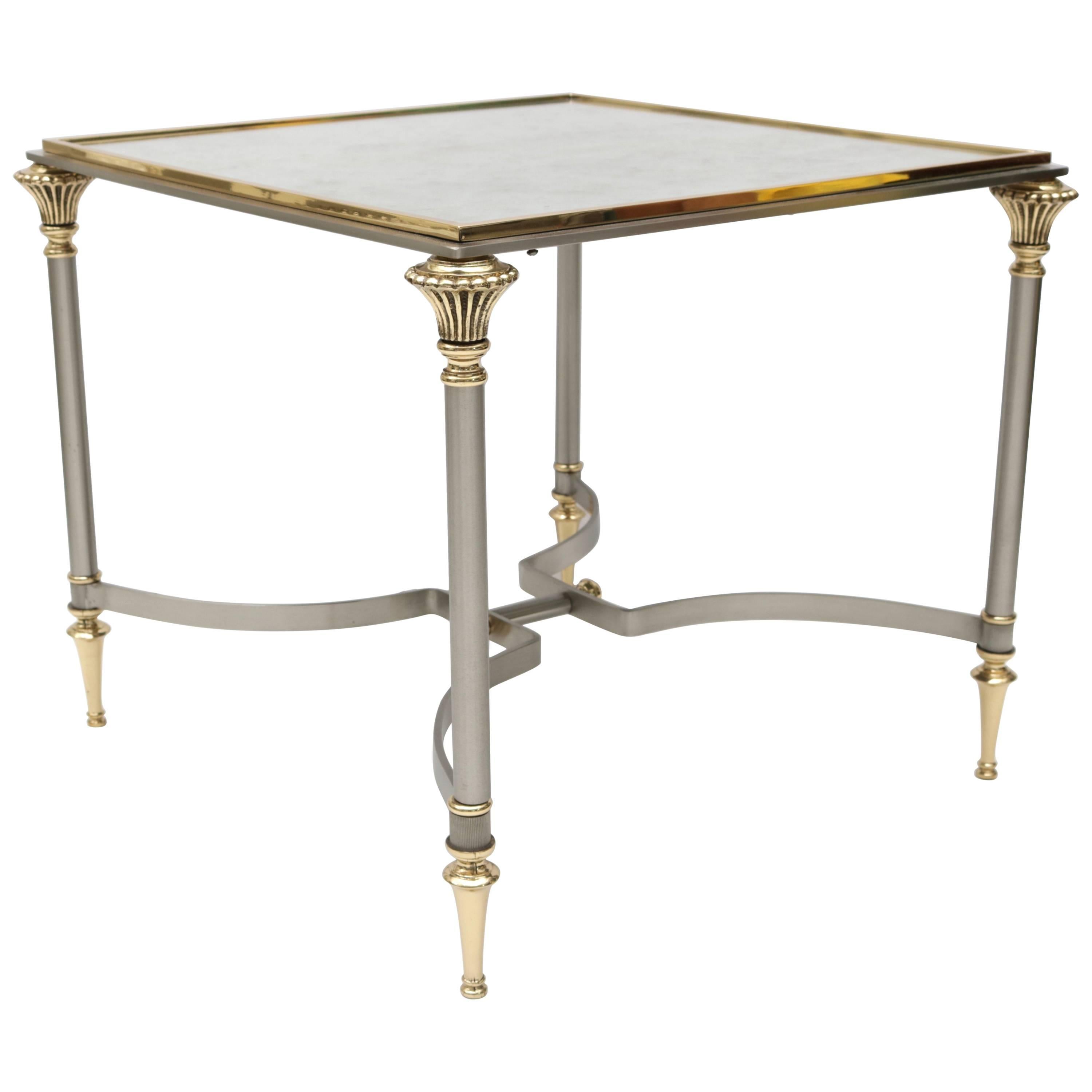  Side Table in Brass, Satin Steel and Antiqued Mirror For Sale