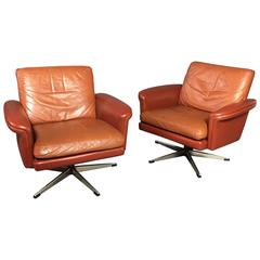Pair of Scandinavian Leather and Steel Swivel Chairs, Denmark, 1960s