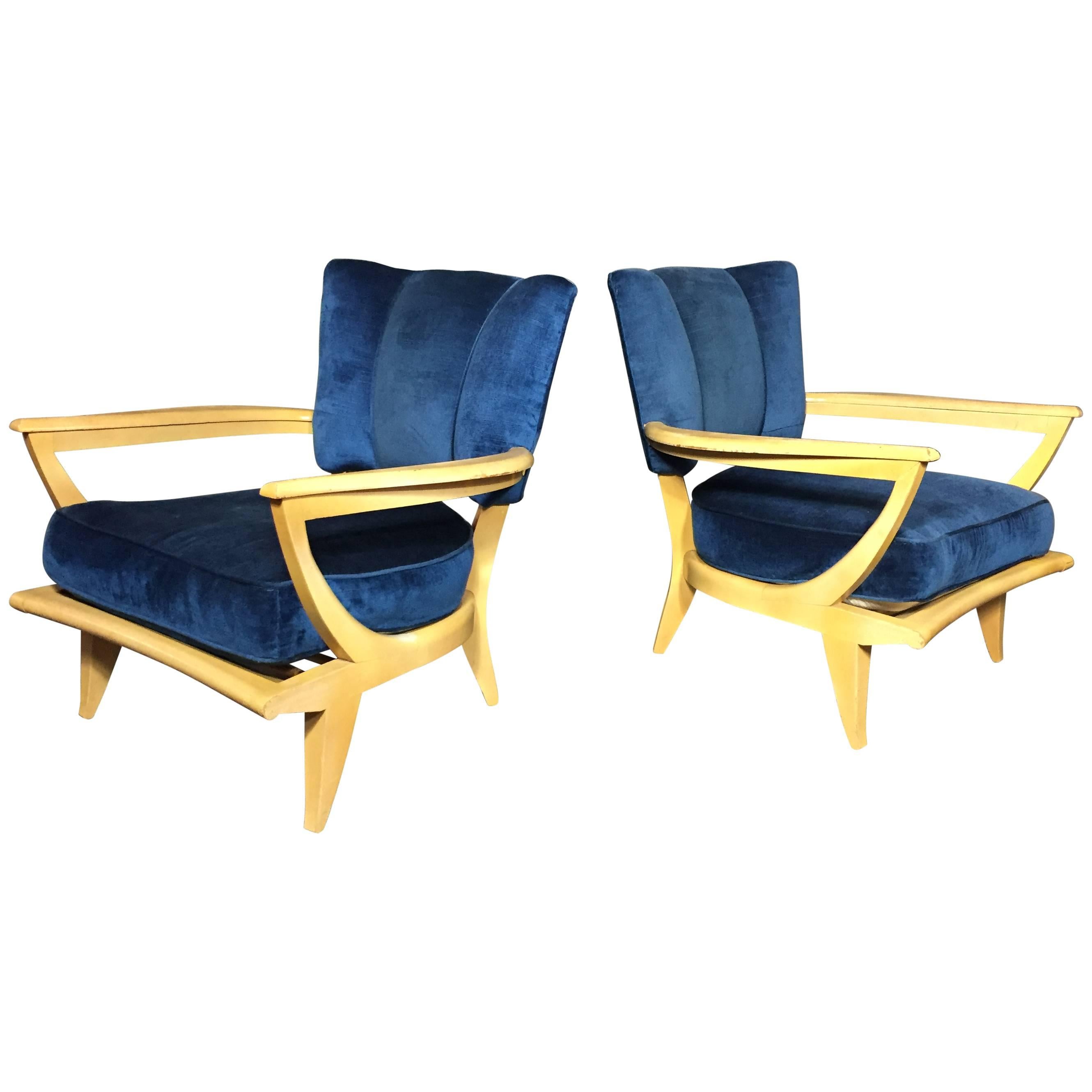 Pair of French Lacquered Mahogany and Velvet Lounge Chairs, 1950s