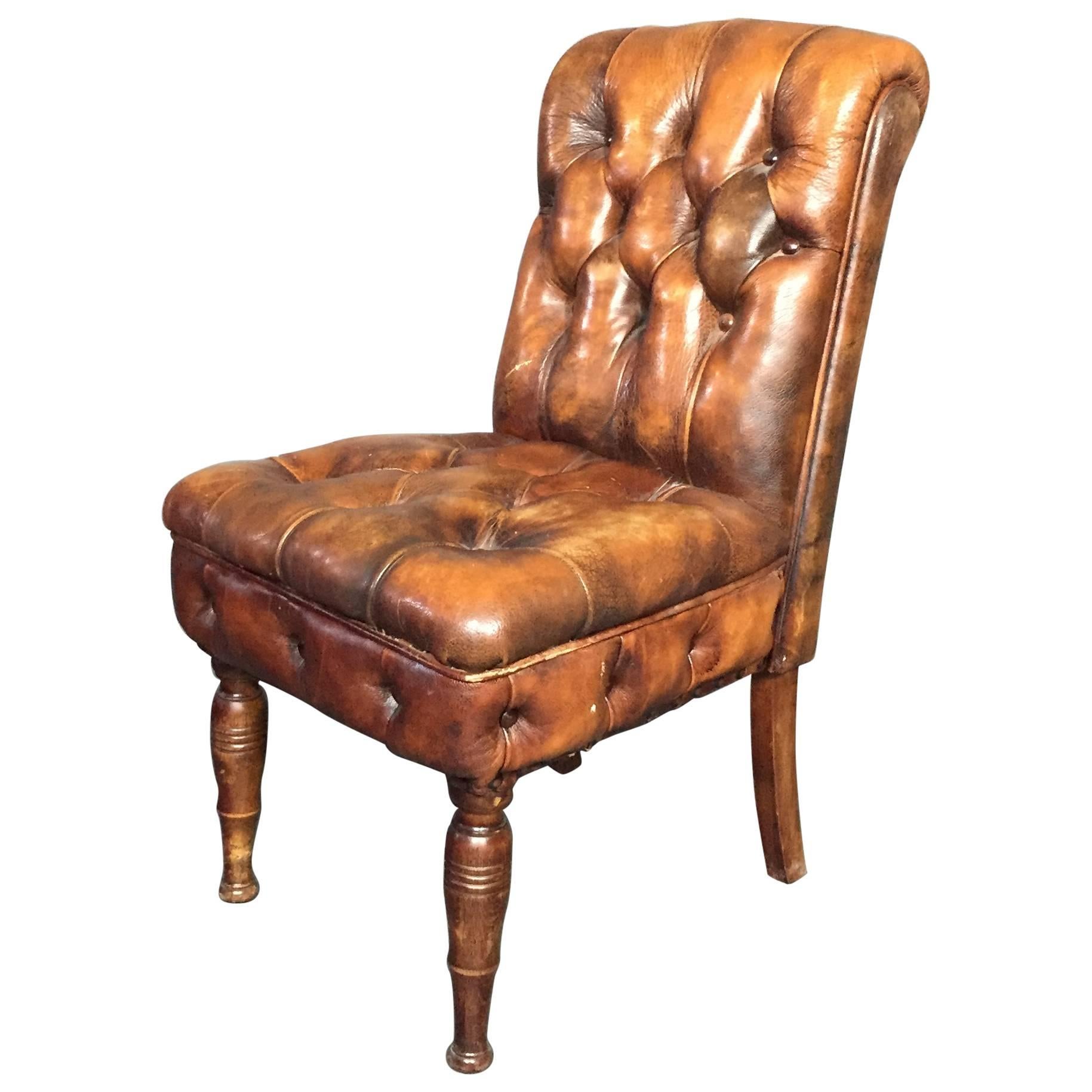 English Chesterfield Slipper Chair, 1920s, Updated Leather