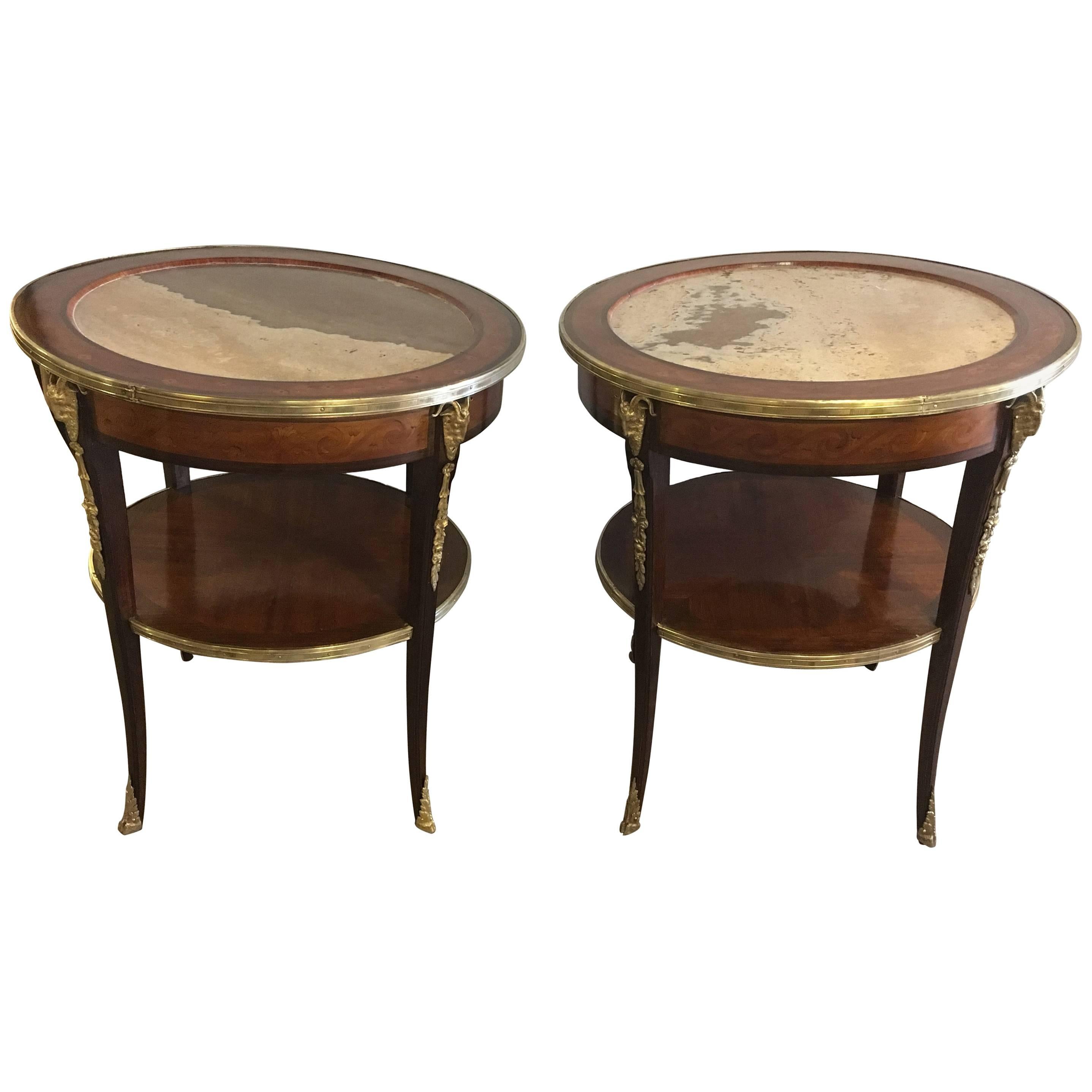 Pair of Louis XV Style Marble Top Tables or Gueridons with Rams Heads