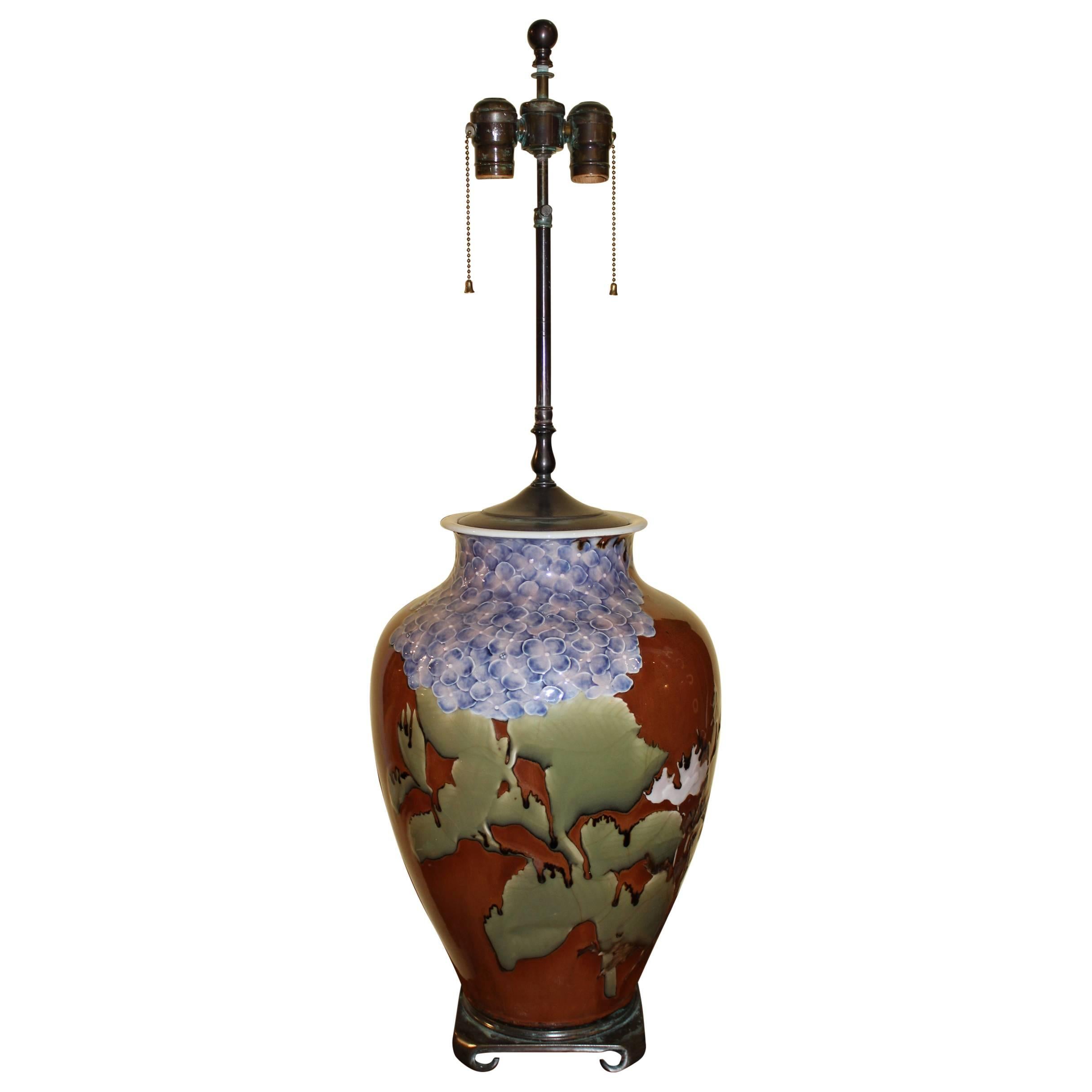 Japanese Studio Vase Lamp with Floral Decoration