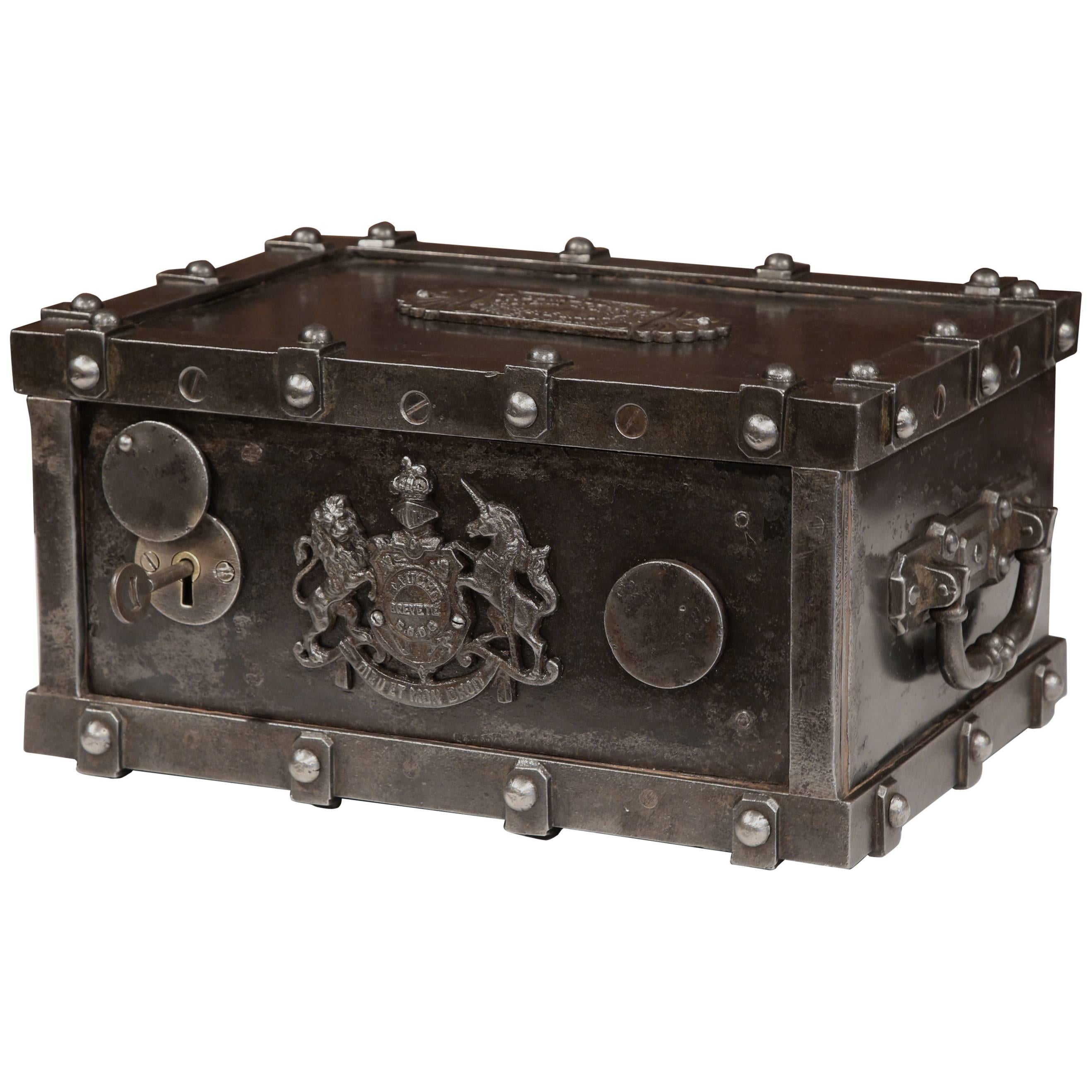 19th Century French Polished Cast Iron Safe with Coat of Arms and Handles