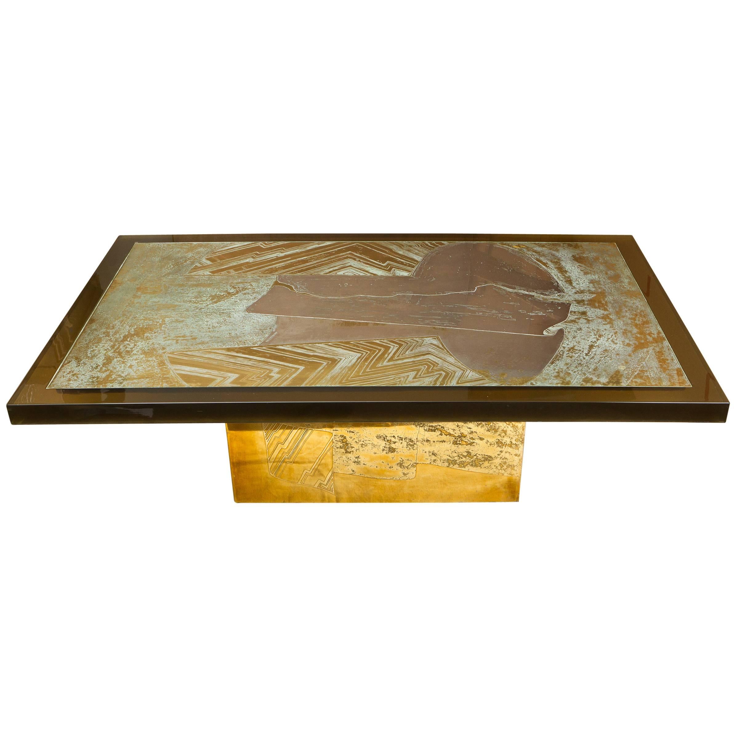 Stunning Acid Etched Brass Coffee Table "Abstraction" by Armand Jonckers For Sale